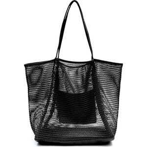 Women's Black Mesh Beach Nylon And Polyester No-closure Tote Shoulder Handbag